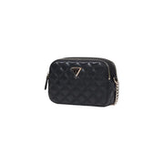 Guess black quilted leather crossbody bag with silver-tone chain strap and triangular logo with interior pockets