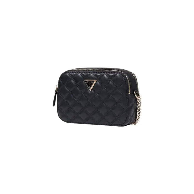 Guess black quilted leather crossbody bag with silver-tone chain strap and triangular logo with interior pockets
