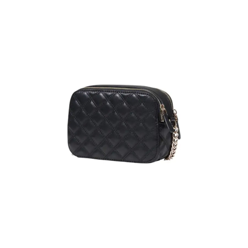Guess black quilted leather crossbody zip bag with silver chain strap and interior pockets for organized storage