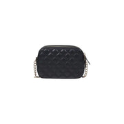 Black quilted leather Guess crossbody bag with silver chain strap featuring interior zip pockets