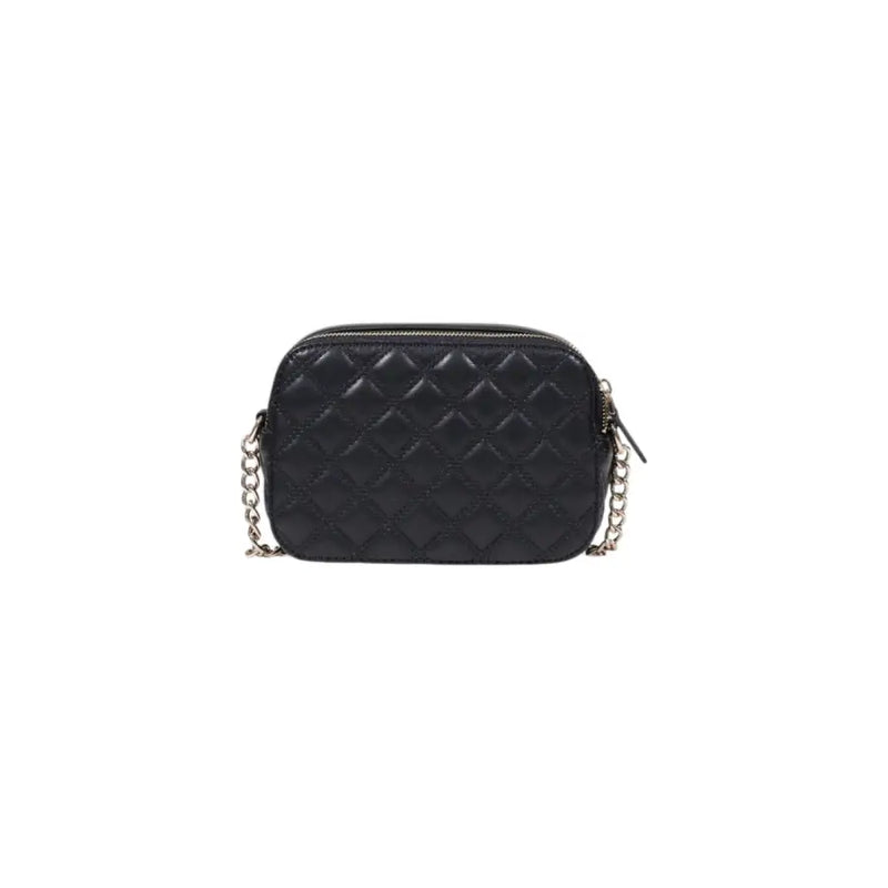 Black quilted leather Guess crossbody bag with silver chain strap featuring interior zip pockets