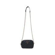 Guess black quilted polyurethane crossbody bag with silver chain strap and triangular logo featuring interior pockets