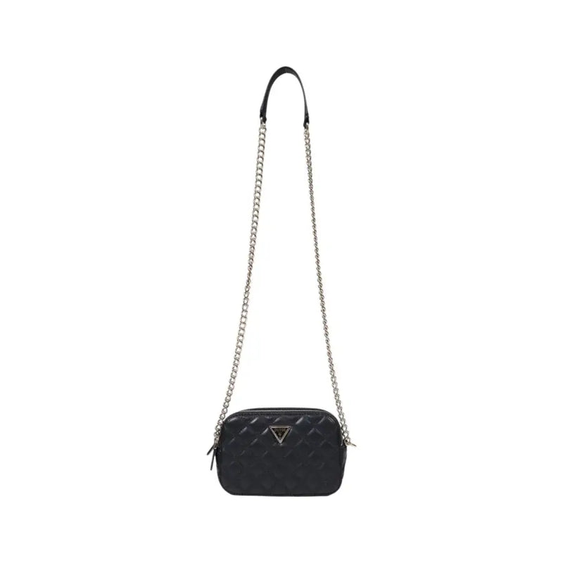 Guess black quilted polyurethane crossbody bag with silver chain strap and triangular logo featuring interior pockets