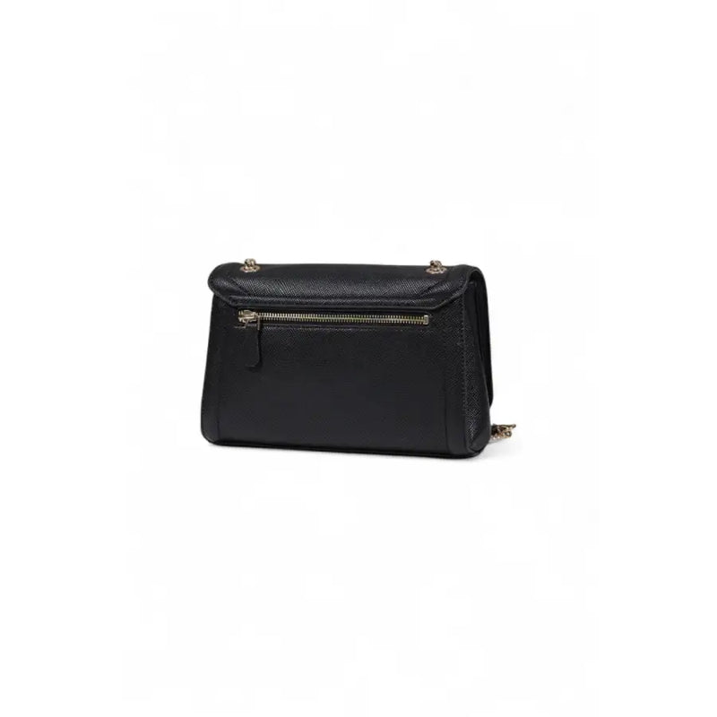 Guess black leather crossbody bag for women with gold-tone hardware and textured surface featuring multiple pockets