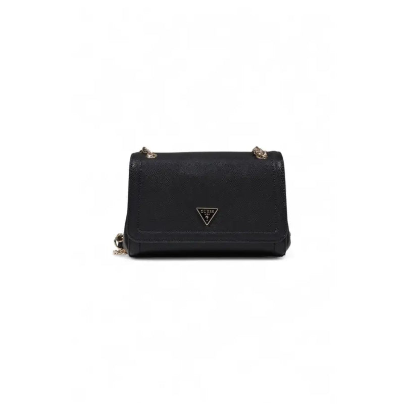 Black Guess shoulder bag for women with textured leather, gold-tone hardware, crossbody design, and multiple pockets