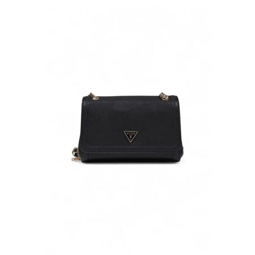 Black Guess shoulder bag for women with textured leather, gold-tone hardware, crossbody design, and multiple pockets