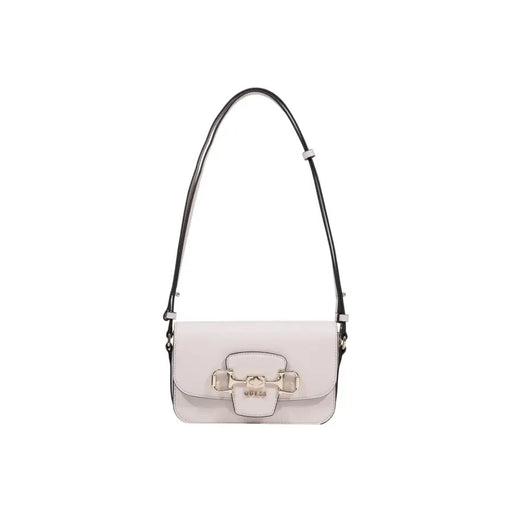 Blanc élégant Guess Sac à main avec bandoulière noire, détails métalliques et poches
