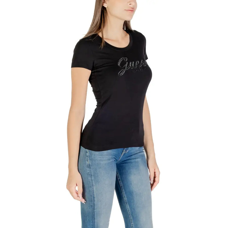 Guess black womens rhinestone print round neck t shirt featuring a sparkling silver logo across the chest