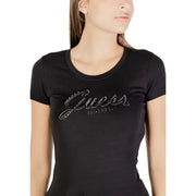 Black Guess womens rhinestone print round neck t shirt featuring sparkling rhinestone embellished logo design