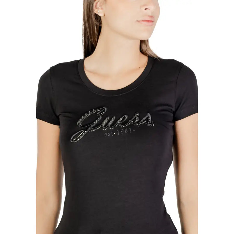 Black Guess womens rhinestone print round neck t shirt featuring sparkling rhinestone embellished logo design