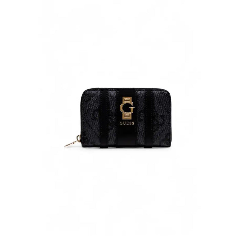 Guess Black Zip Wallet with Glossy Snakeskin Pattern and Gold Clasp