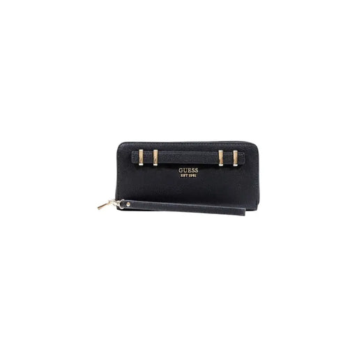 Guess Black zip wallet with gold hardware, wrist strap, multiple pockets