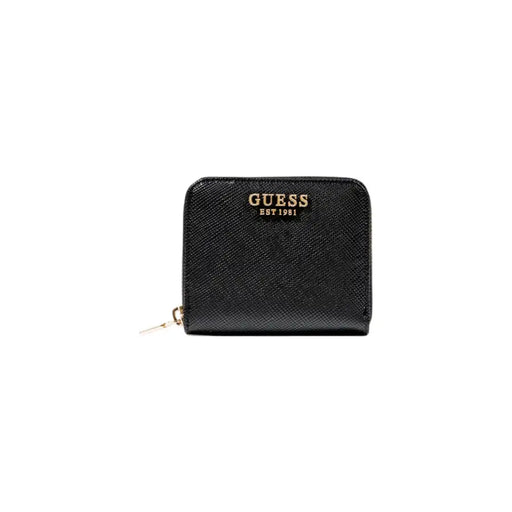 Black textured Guess wallet with gold-tone zipper for women