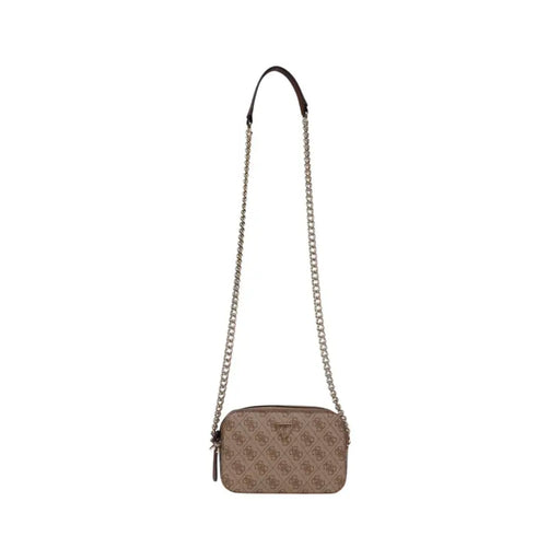 Beige guess brown polyurethane shoulder bag for women with repeating logo pattern and silver chain crossbody strap