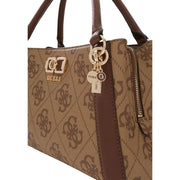 Brown guess handbag with repeating monogram print leather and gold-tone hardware featuring a shoulder strap