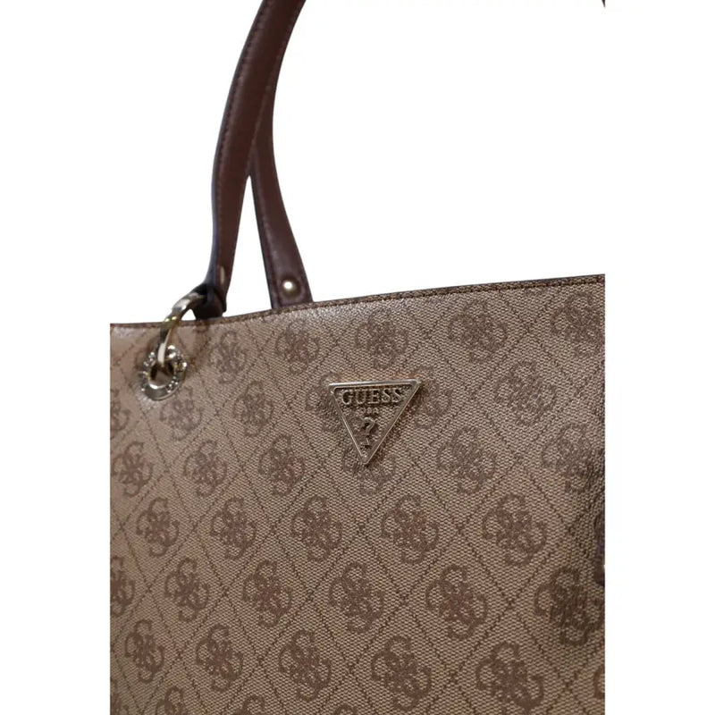 Beige Guess tote bag with brown leather handles and a repeating monogram pattern featuring zip pockets