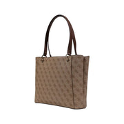 Beige Guess tote bag with brown leather handles and repeating monogram pattern featuring zip pockets