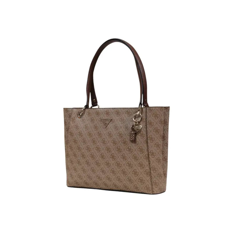 Beige Guess tote bag with brown leather handles and repeating logo pattern featuring zip pockets for organization