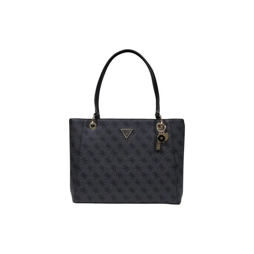 Guess Sac à main noir orné d'un motif logo répété et de détails dorés.
