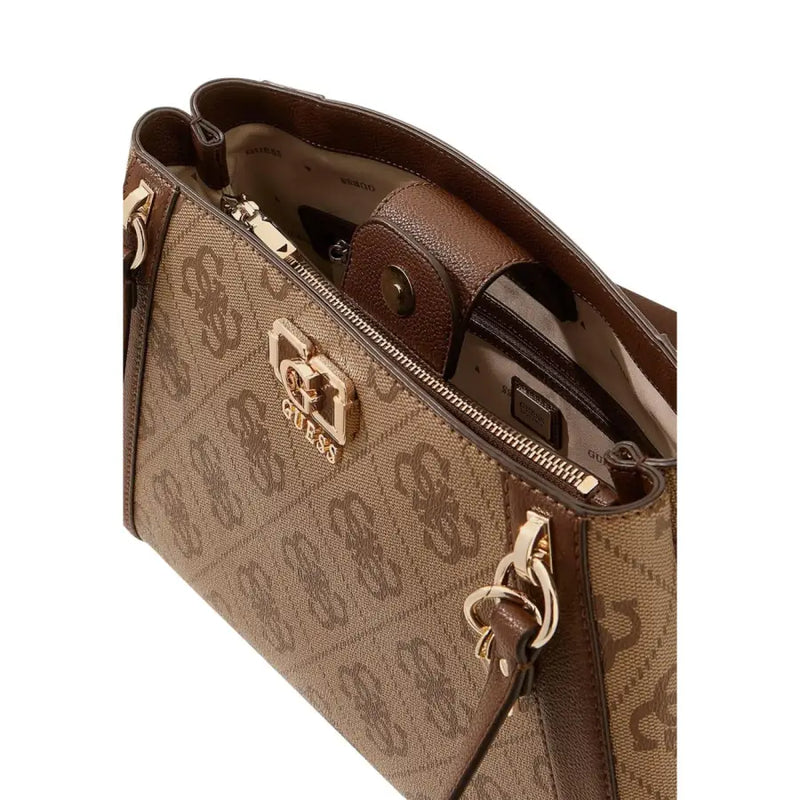 Brown Guess polyurethane handbag with tan and brown monogram pattern gold-tone hardware and structured design 38x25x13 cm