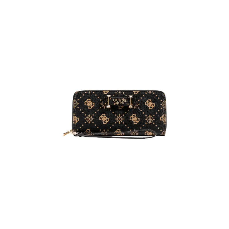 Guess brown print wallet with zip pockets black leather and gold logo