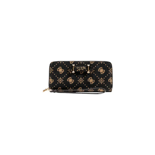 Guess brown print wallet with zip pockets black leather and gold logo