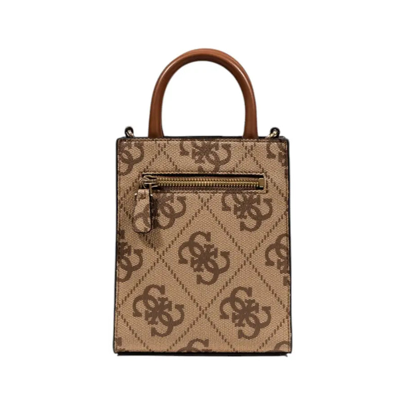 Guess brown printed handbag with shoulder strap and wooden top handle for women