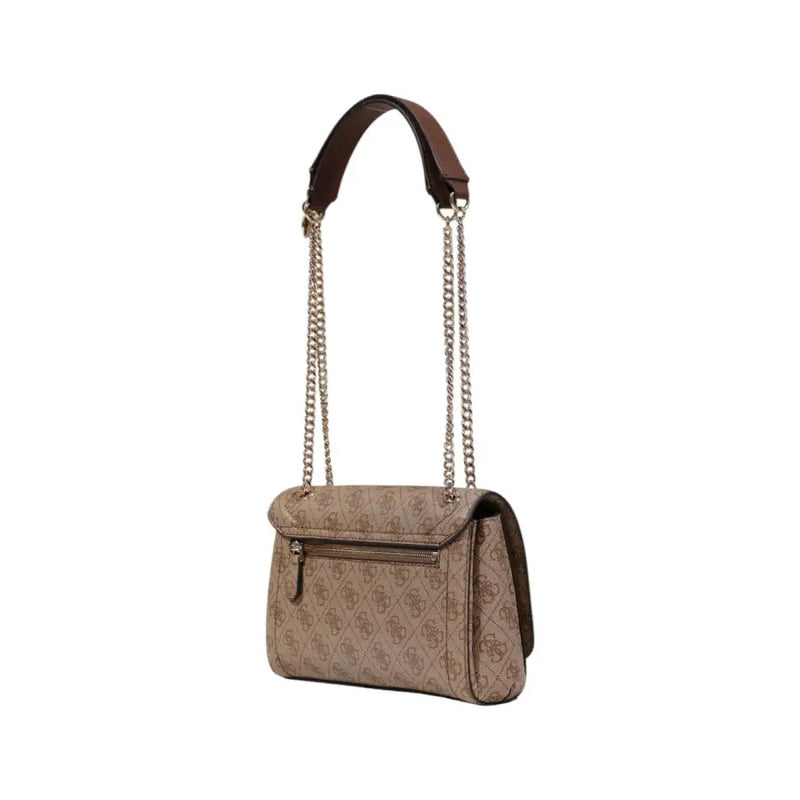 Beige Guess crossbody bag with brown leather top handle and gold-tone chain strap in printed polyurethane