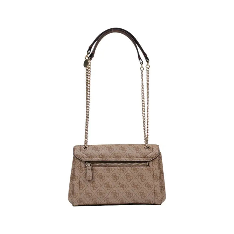 Beige Guess polyurethane handbag for women with quilted texture, repeating logo pattern, and gold-tone chain strap
