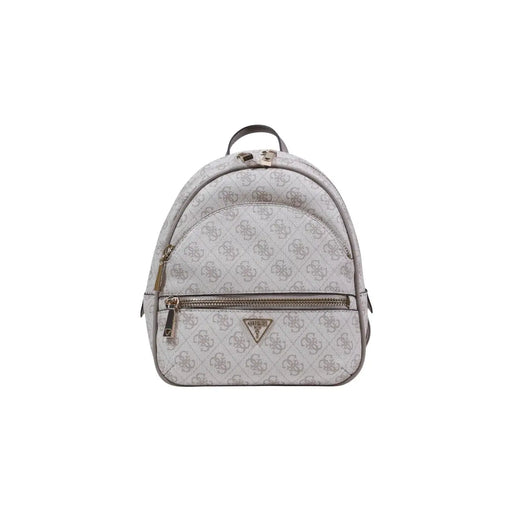 Guess Grey Polyurethane Backpack with repeating monogram pattern and metallic zippers