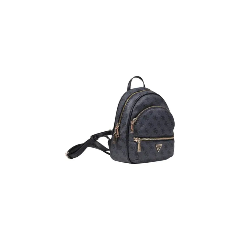 Dark gray guess polyurethane mini backpack with repeating logo pattern and gold tone zip pockets