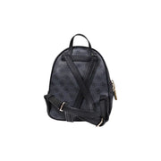 Black guess mini backpack with subtle repeating logo pattern and cross-strapped design in grey polyurethane with zip pockets