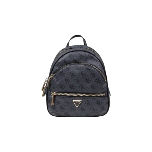 Dark gray Guess polyurethane backpack with repeating logo pattern and gold-tone zip pockets visible on front side