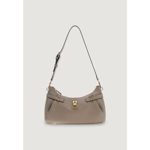 Taupe leather shoulder bag with gold-tone hardware and structured curved design from Guess with zip closure