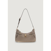 Taupe leather shoulder bag with gold-tone hardware and structured curved design from Guess with zip closure