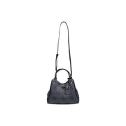 Guess grey print handbag with black leather handles and shoulder strap featuring a repeating logo pattern
