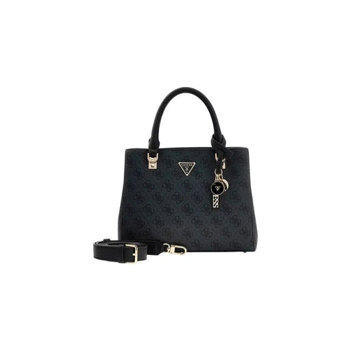 Guess Sac à main gris imprimé avec logo noir répété, finitions dorées, bandoulière, poches zippées