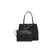 Black Guess tote bag in polyurethane with subtle embossed logo pattern and gold-tone hardware, featuring inner pouch