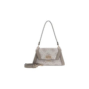 A sleek light gray Guess grey print polyurethane handbag with shoulder strap and dark gray leather trim