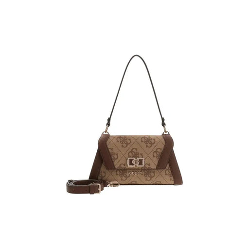 Guess Sac à main en polyuréthane imprimé beige et marron avec garniture en cuir et bandoulière amovible