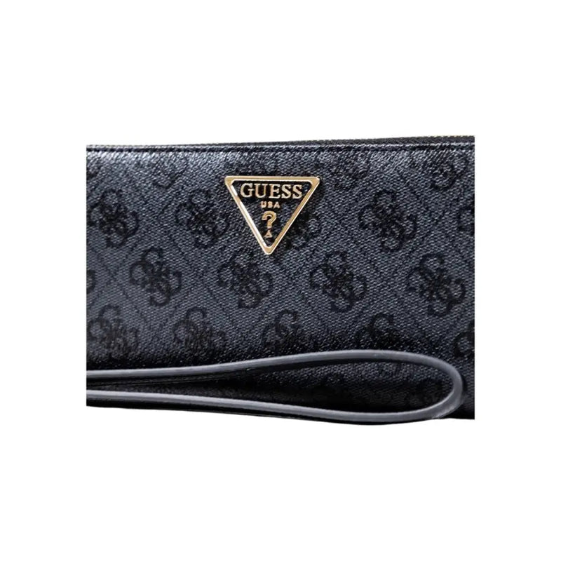 Guess grey print zip wallet wristlet in black with repeating monogram pattern and gold tone triangular logo