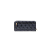 Dark gray Guess grey print zip wallet with repeating black logo pattern and gold-tone zipper pulls and multiple pockets