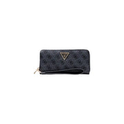 Black guess zip wallet with grey print logo pattern multiple pockets and gold-tone triangular brand emblem