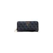 Noir guess Portefeuille zippé à motif logo imprimé gris, plusieurs poches et emblème triangulaire doré de la marque