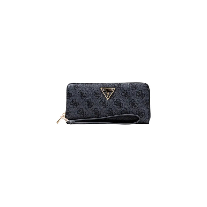 Noir guess Portefeuille zippé à motif logo imprimé gris, plusieurs poches et emblème triangulaire doré de la marque