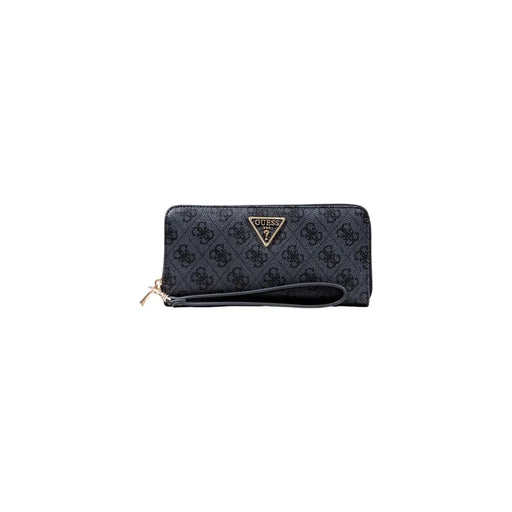 Noir guess Portefeuille zippé à motif logo imprimé gris, plusieurs poches et emblème triangulaire doré de la marque