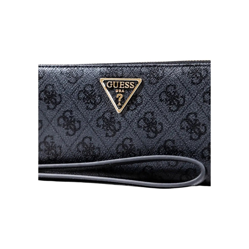 Guess Pochette portefeuille zippée grise imprimée, doublée de noir avec motif monogramme répété et logo triangulaire doré