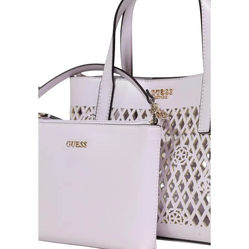 White leather Guess tote bag with geometric cut-out pattern and gold-tone logo in Lilac polyurethane handbag style