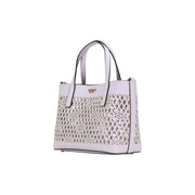 White perforated polyurethane Guess Lilac handbag with black trim gold-tone logo plaque and shoulder strap
