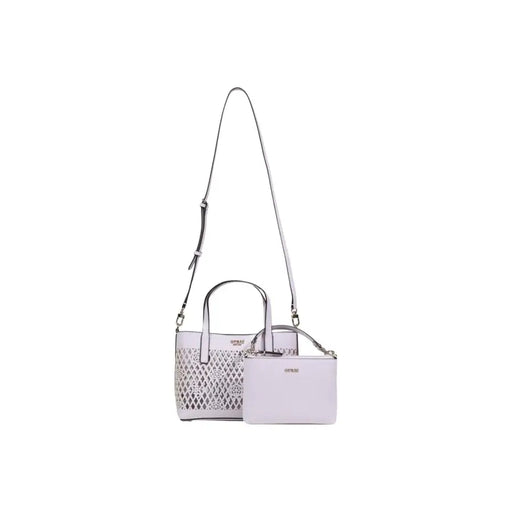 A pair of lilac polyurethane Guess handbags with shoulder straps, one perforated and one solid, featuring silver hardware